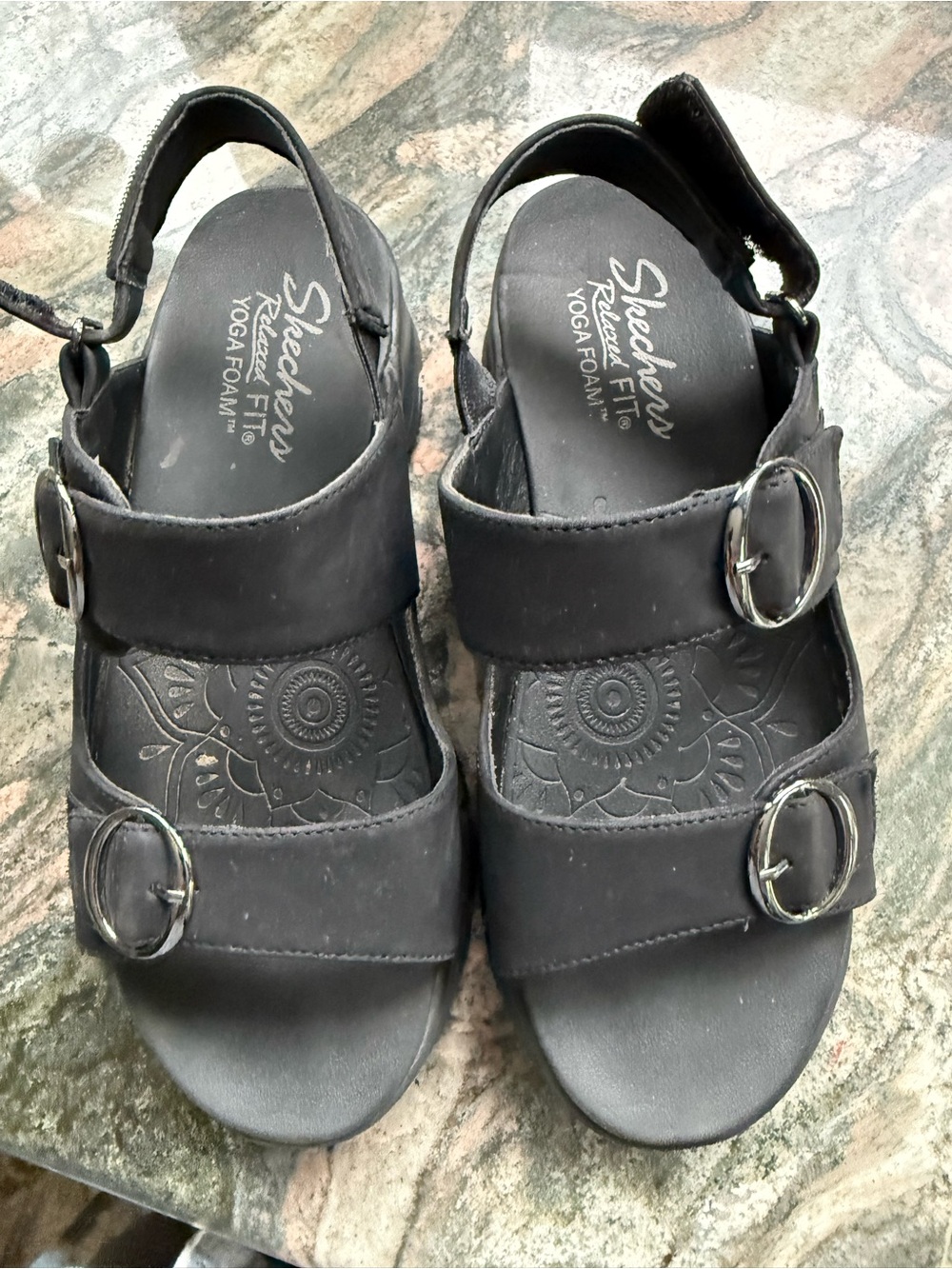 Skechers Women's Black Strappy Sandals with Buckle Accents